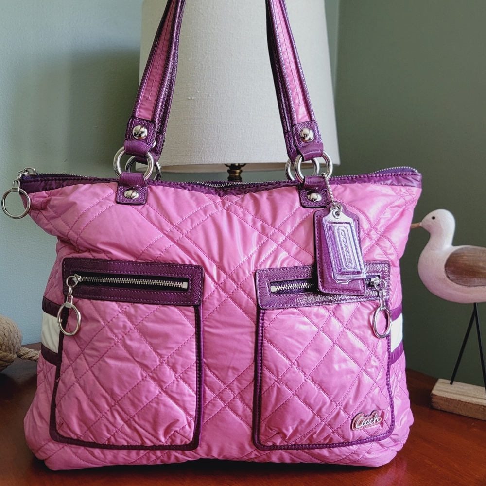 Coach 15873 Poppy Ski Bunny Glam Tote Pink Quilted Nylon Patent Leather